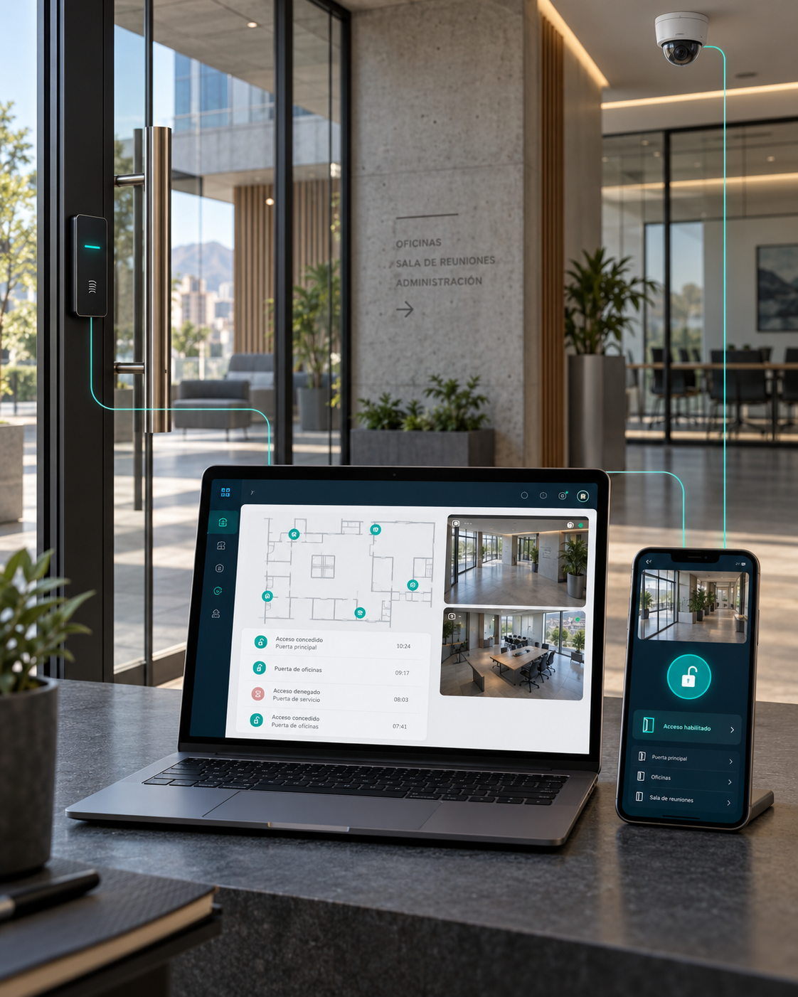 Oficina ilustrativa: lector y cerradura digital, cámara CCTV, panel web con eventos de acceso y app móvil de gestión